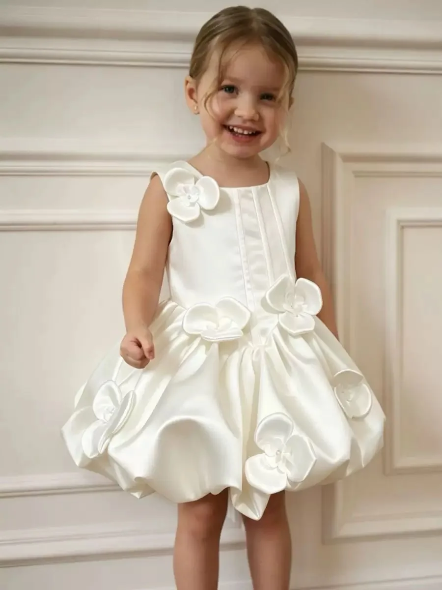Satin Flower Girl Dress Handmade Floral Wedding Party Dress for Little Girls Mini Toddler Pageant Ball Gowns Communion Square
