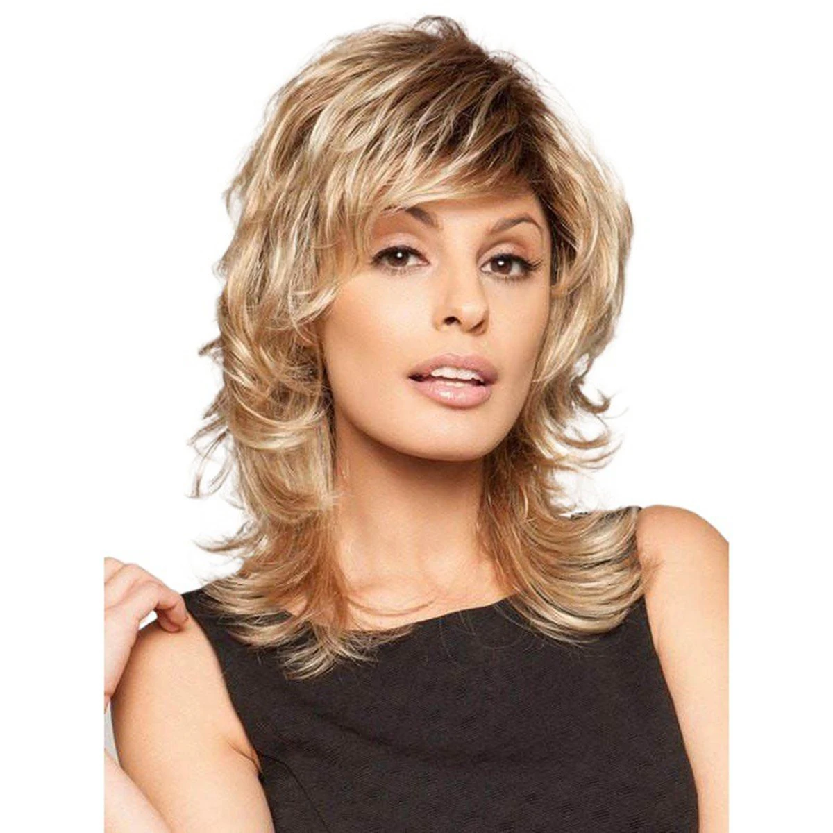 

Golden Blonde Curly Wigs for Women Heat Resistant Synthetic Hair with Voluminous Side Bangs