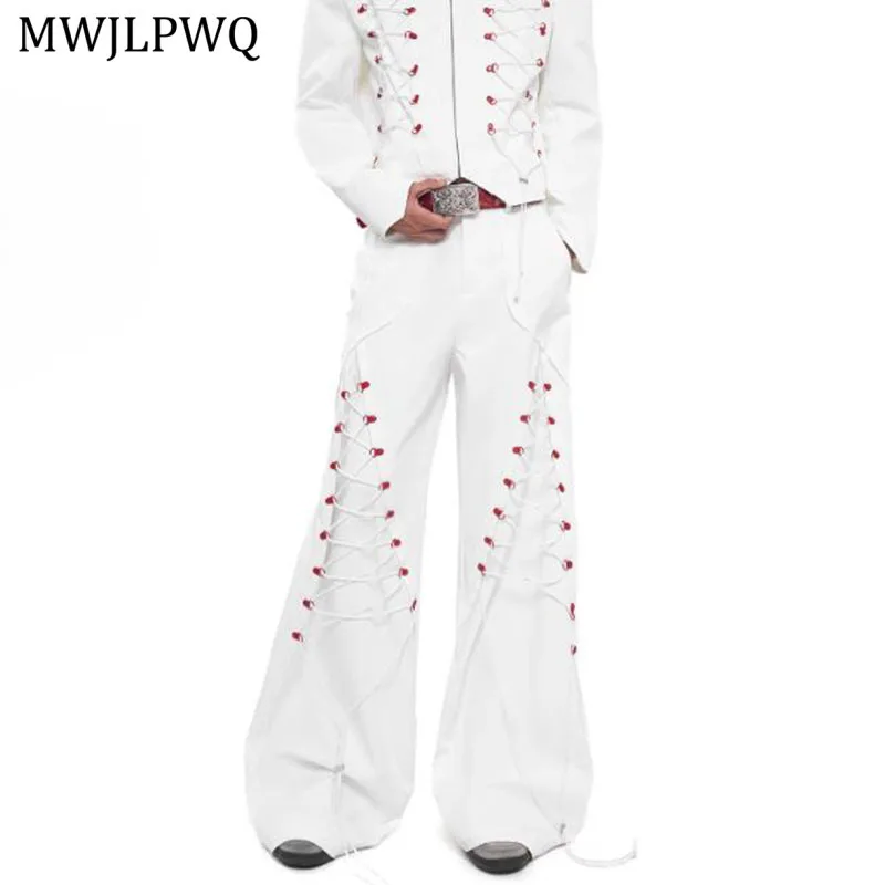 

MWJLPWQ White Drawstring Design Casual Pants For Men High Street Autumn New Loose Wide-Leg Trousers New Trendy Male Sets 11413