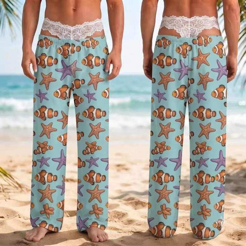 Family Matching Outfits Funny Graphic Print Pajama Pants, Lace Waist Wide Leg Lounge Pants Print Loose Sleepwear Home Trousers