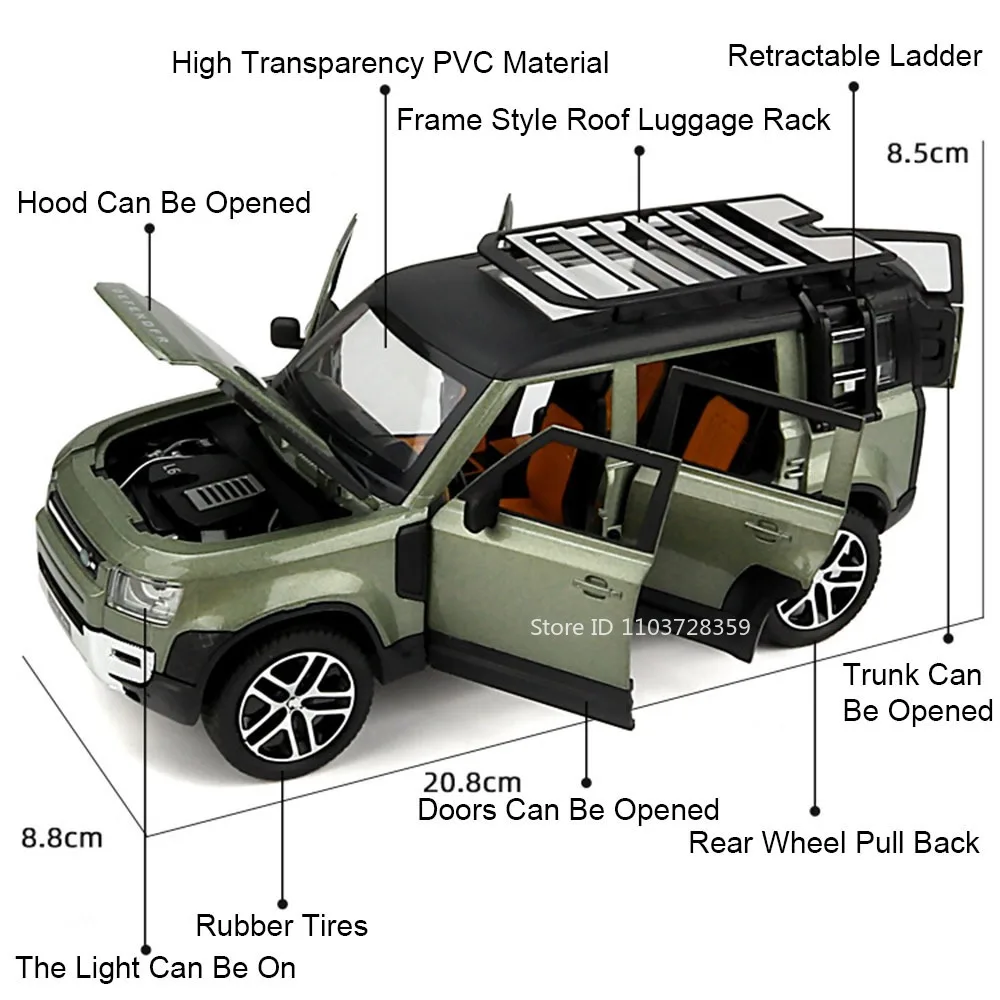 1:24 Defender 110 Model Pojazdu Terenowego Zabawki Metalowe Odlewane Dźwięk Światło Otwierane Drzwi Napęd Pull Back Ozdoby Samochody dla Dzieci Prezenty