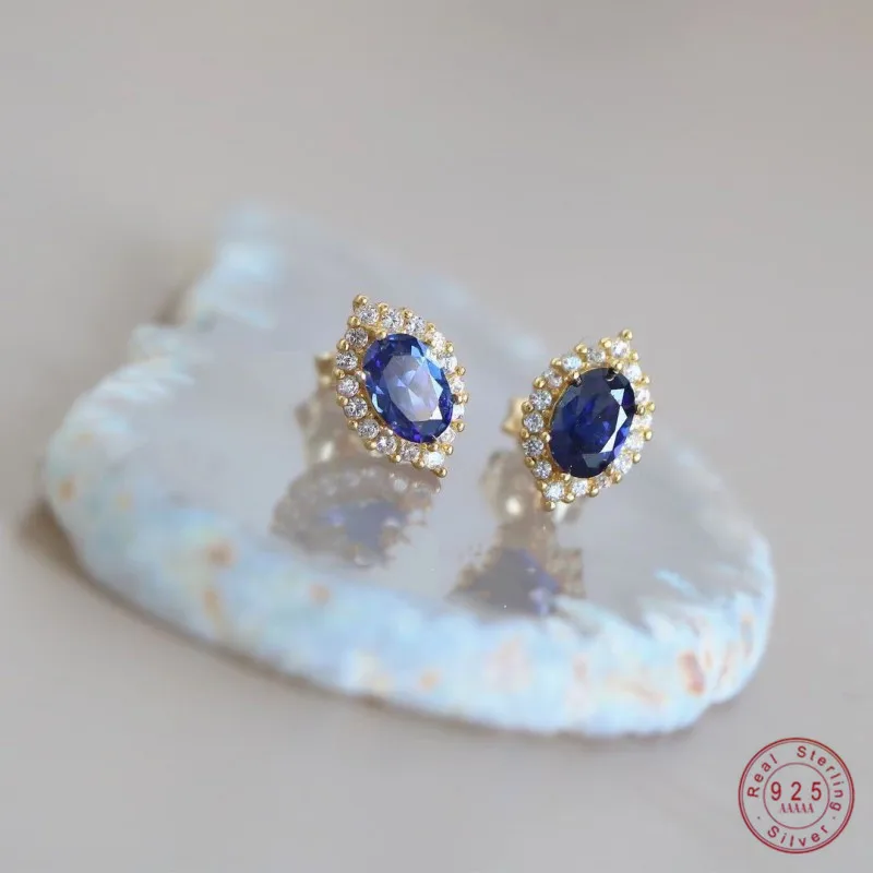 925 Sterling Silver Plated 14K Gold Blue Big Zircon Kolczyki dla kobiet Francuski Vintage Wysokiej jakości biżuteria na rocznicę ślubu