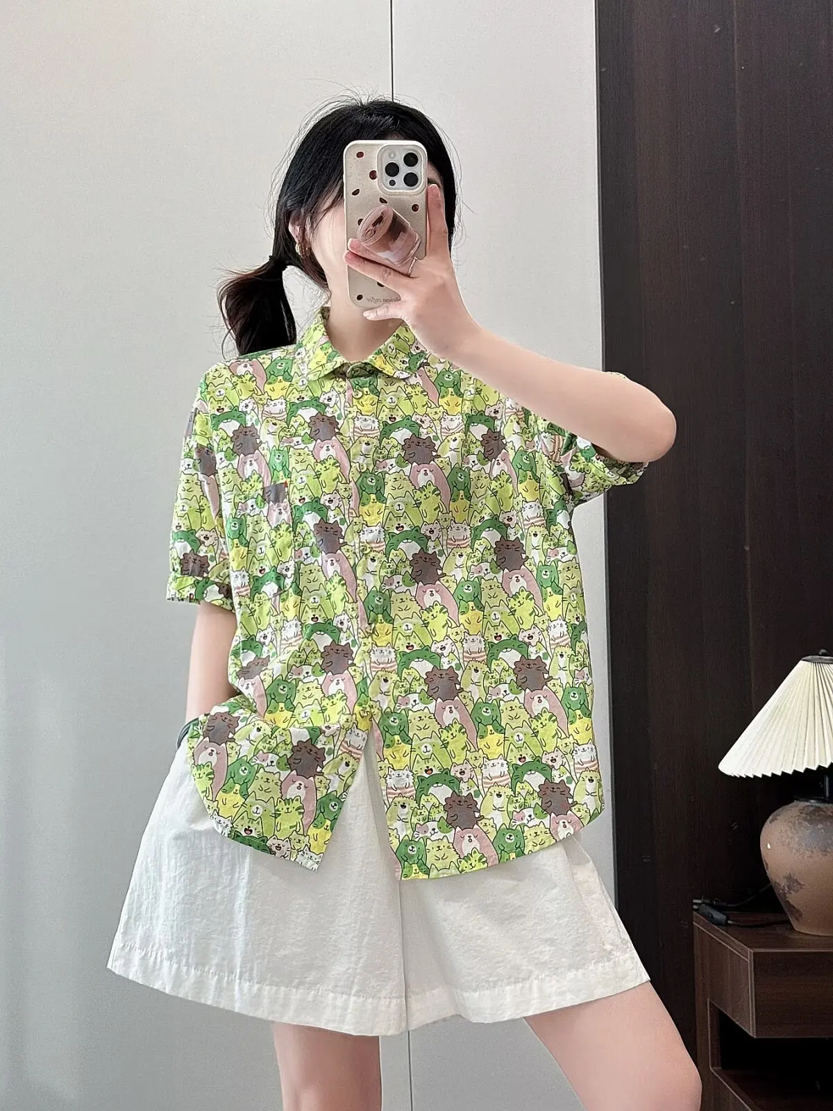 ใหม่2025ฤดูร้อนผ้าฝ้ายแขนสั้นเสื้อผู้หญิงTurn-Down Collarพิมพ์การ์ตูน, Moriสาวอเนกประสงค์หวานหลวมเสื้อt55575CC