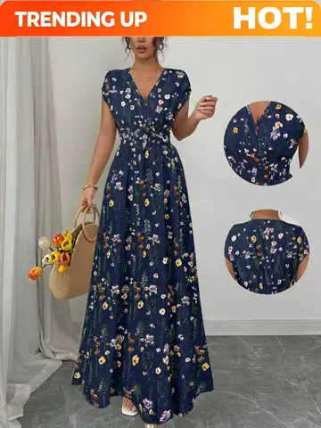 Women's Floral V-Neck Sleeveless Waist Cinched Maxi Dress Navy Blue Floral Summer Boho Holiday Tea Party