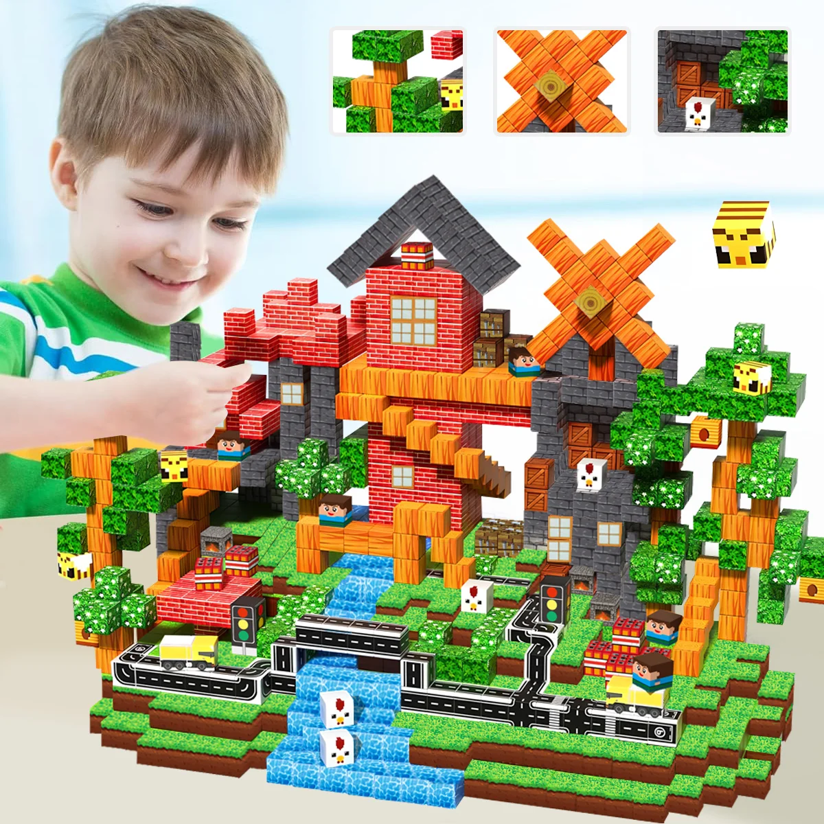 磁気ブロック - 草原磁気ビルディングブロックセット、子供用教室感覚玩具、男の子と女の子のための森を構築するセット