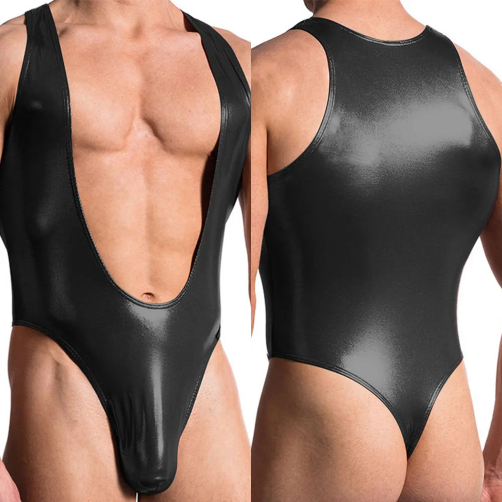 New Mens Sexy PU Leather Wet Look A-shirt Jumpsuit Lingerie Club Romper Oily Shiny Tights Leotard Elastic Bodysuit Underwear