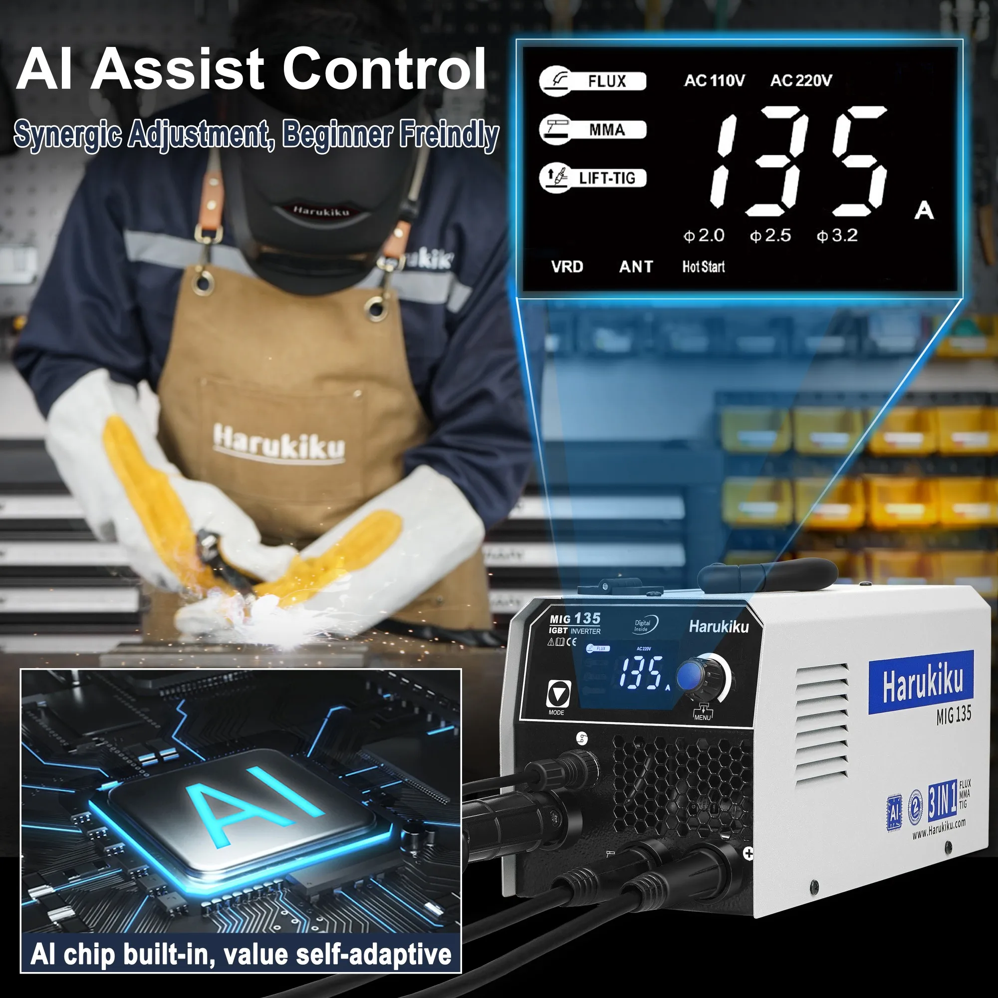 Harukiku 130A Gasless Flux Core Self-Shielded MIG Welder MIG Welder 110/220V Double Voltage 3 in 1 Flux Stick Lift-TIG Welding Machine  with AI Synergic Chip Easy to Use Protable MIG-135