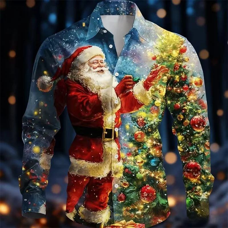2025 Men's Happy New Year Santa Claus Casual Men's Button up Shirt Long Sleeve Evening Party Daily Autumn/Winter Spring/Summer C