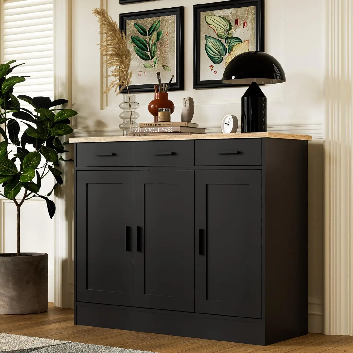 Black Buffet Cabinet, Coffee Bar Cabinet with 3 Drawers & 3 Doors, Kitchen Buffet Sideboard