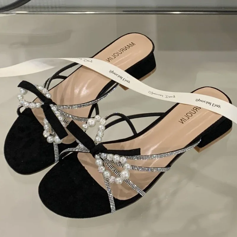

String Bead Bow Square Heel Slippers Women Fashion Rhinestone Narrow Strap Design Slide Sandals Elegant Prom Luxury Party Shoes