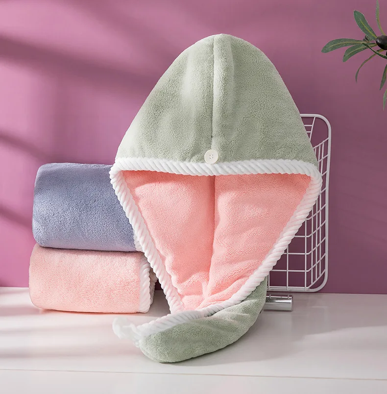 

Double layer coral fleece cute bear buckle soft and comfortable, simple absorbent quick drying shower cap, dry hair towel.