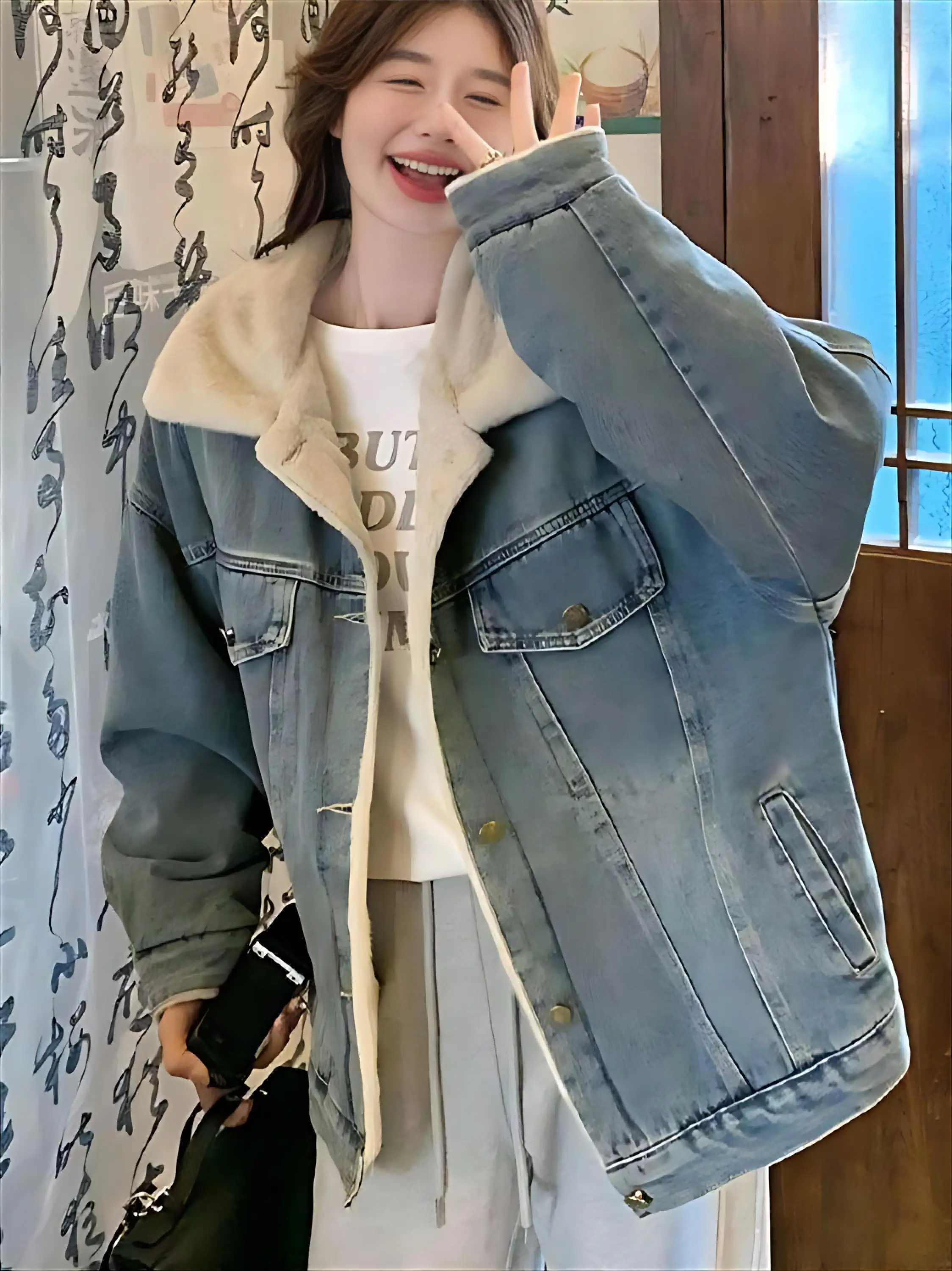 

Denim Coat Long Patch Fur Plush Womens Fall Buttoned Slim-Fit Hooded Outwears Minimalist School Checked Corduroy Jackets Vintage