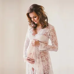 Vestidos de maternidad blancos para Baby Shower, Vestido largo de encaje Sexy para sesión de fotos del embarazo, maxivestido para mujer embarazada, utilería para fotografía