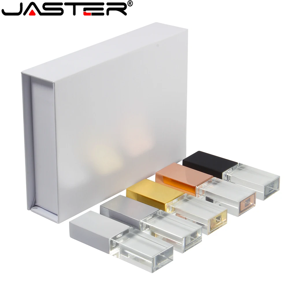 JASTERS Creative Crystal USB 2.0 Flash Drive 128GB 64GB with LED Light Pen Drive 32GB 16GB Clear Glass Memory Stick Wedding Gift