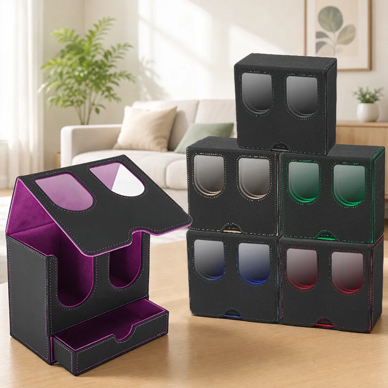Kartendeckbox mit Sichtfenster, für 200 doppelt umhüllte Karten und Würfeltablett, PU-Leder-Kartenbox mit Magnetverschluss für TCG-Karten – Detail 5