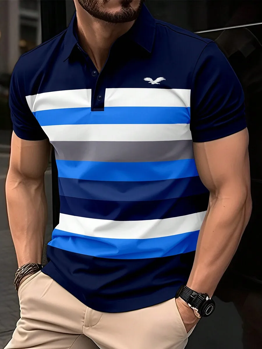

Men's Short-Sleeve Striped Polo Shirt with Contrast Bands, Casual Sporty Fit