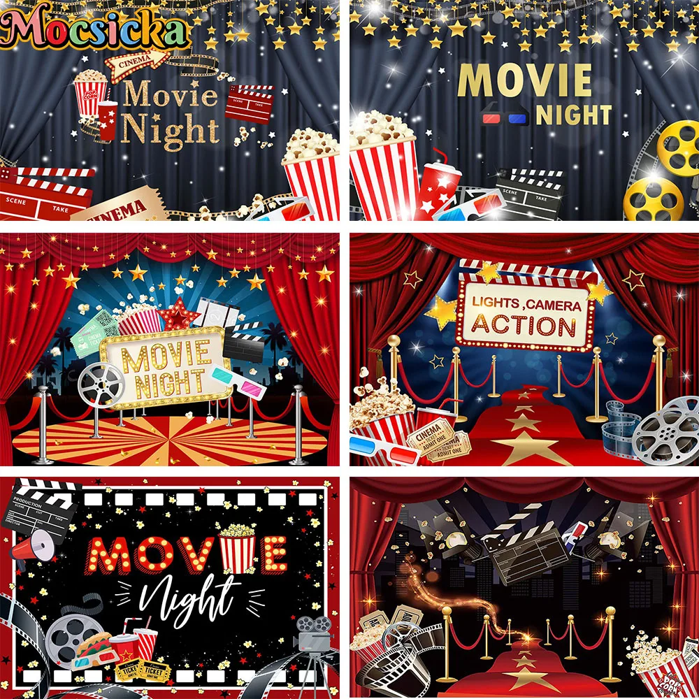 

Mocsicka Cinema Movie Night Backdrop Birthday Photography Background Red Carpet Dress-up Awards Parties Decor Photoshoot Prop