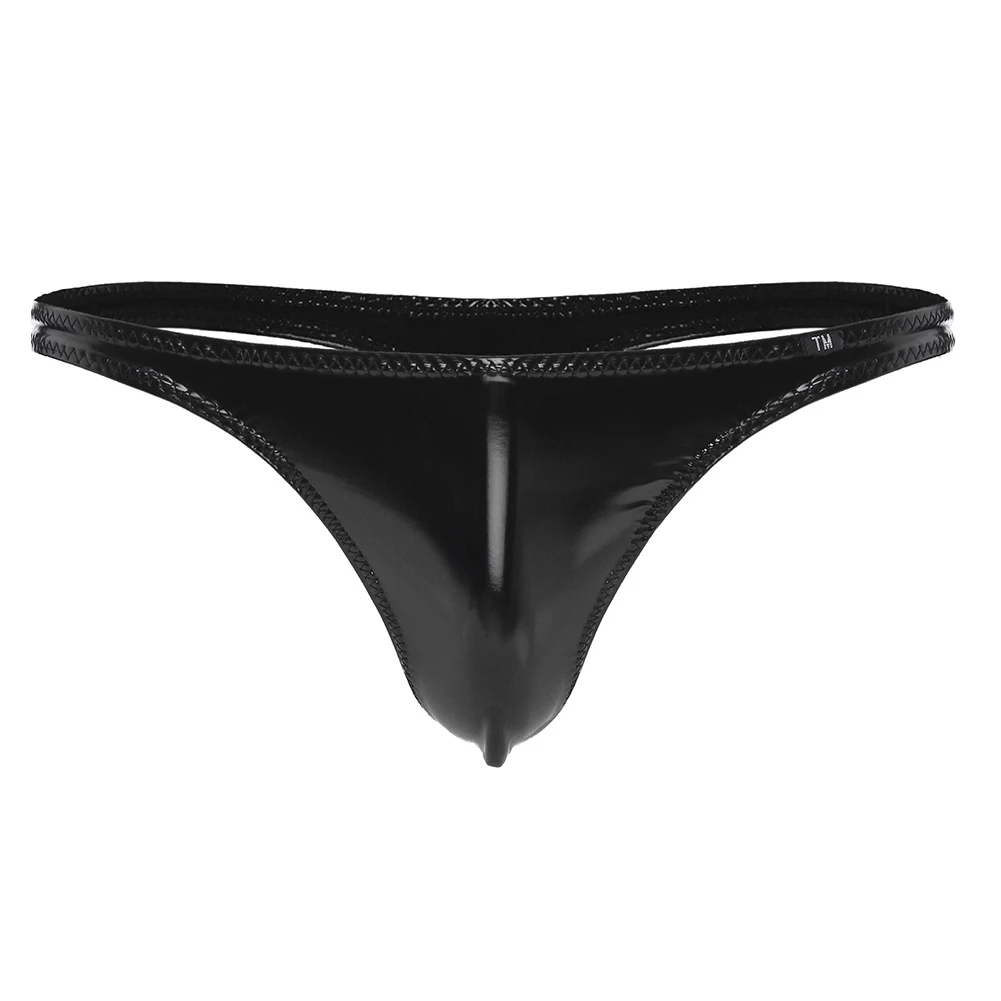 New Mens Sexy Breath Shiny Leather Low Waist Seductive Underwear U Convex T-Back Thongs Mini Bikini Briefs Panties Male G-string