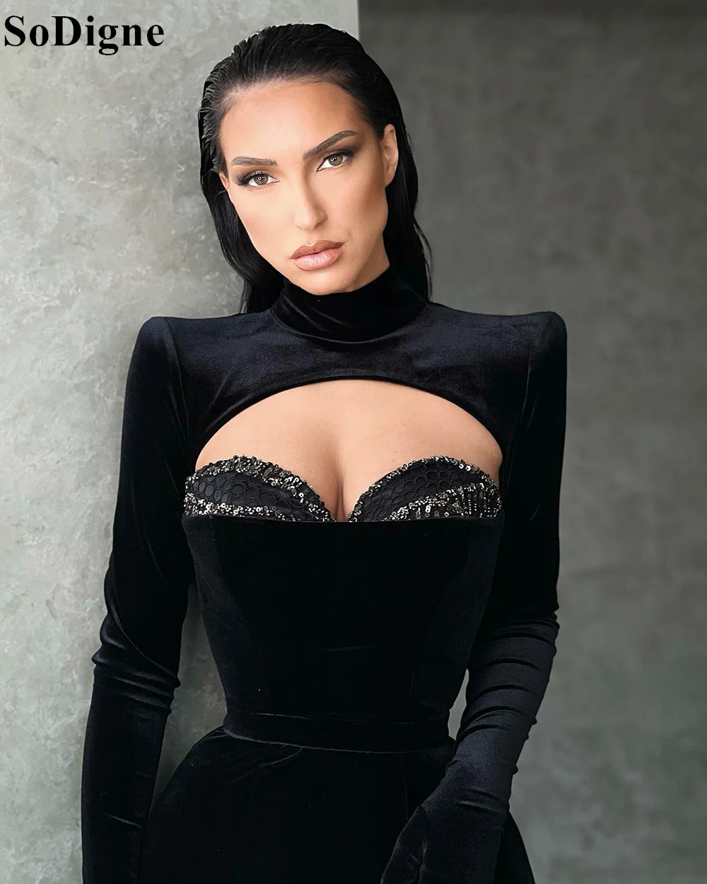 SoDigne Black Velvet Mermaid Evening Dresses High Neck Sequins Long Sleeves 2024 Sexy Party Prom Gowns for Women Custom Size