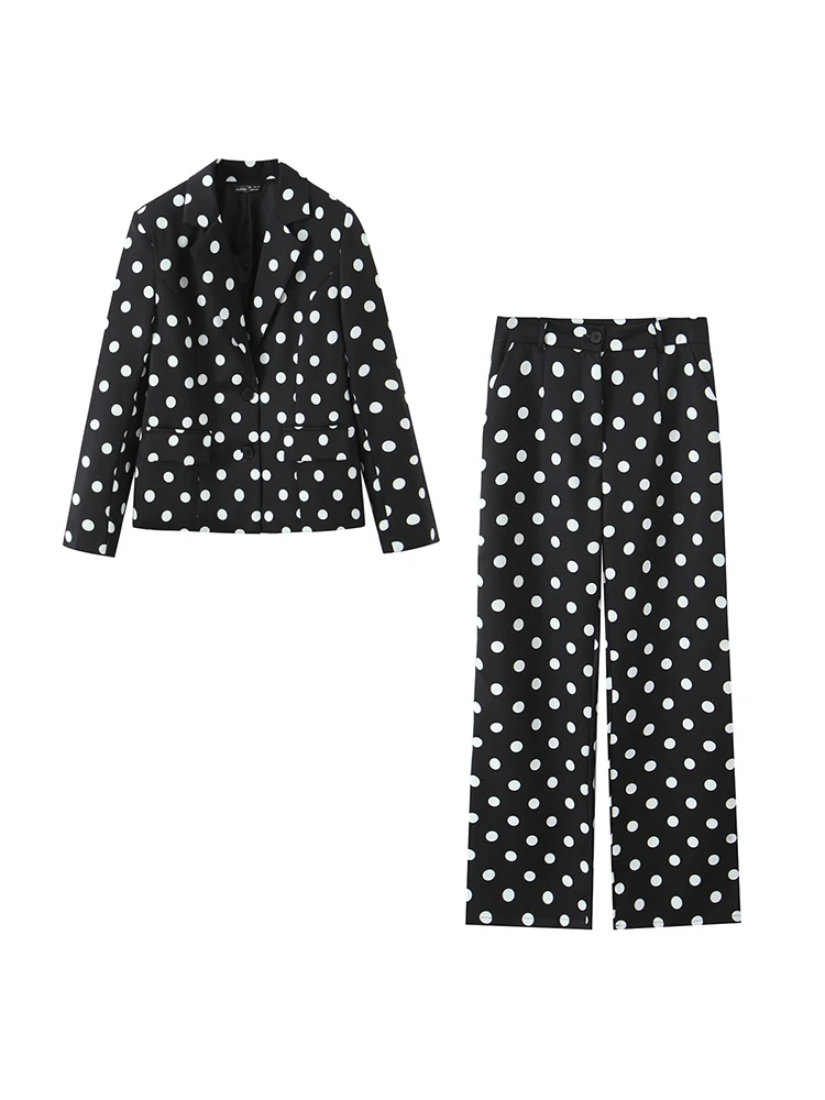 

Women’s Blazer Set 2025 New Fashion Dot Print Suit Long Sleeves Button Top+Leisure Pants Two Piece Set Women Elegant Suit