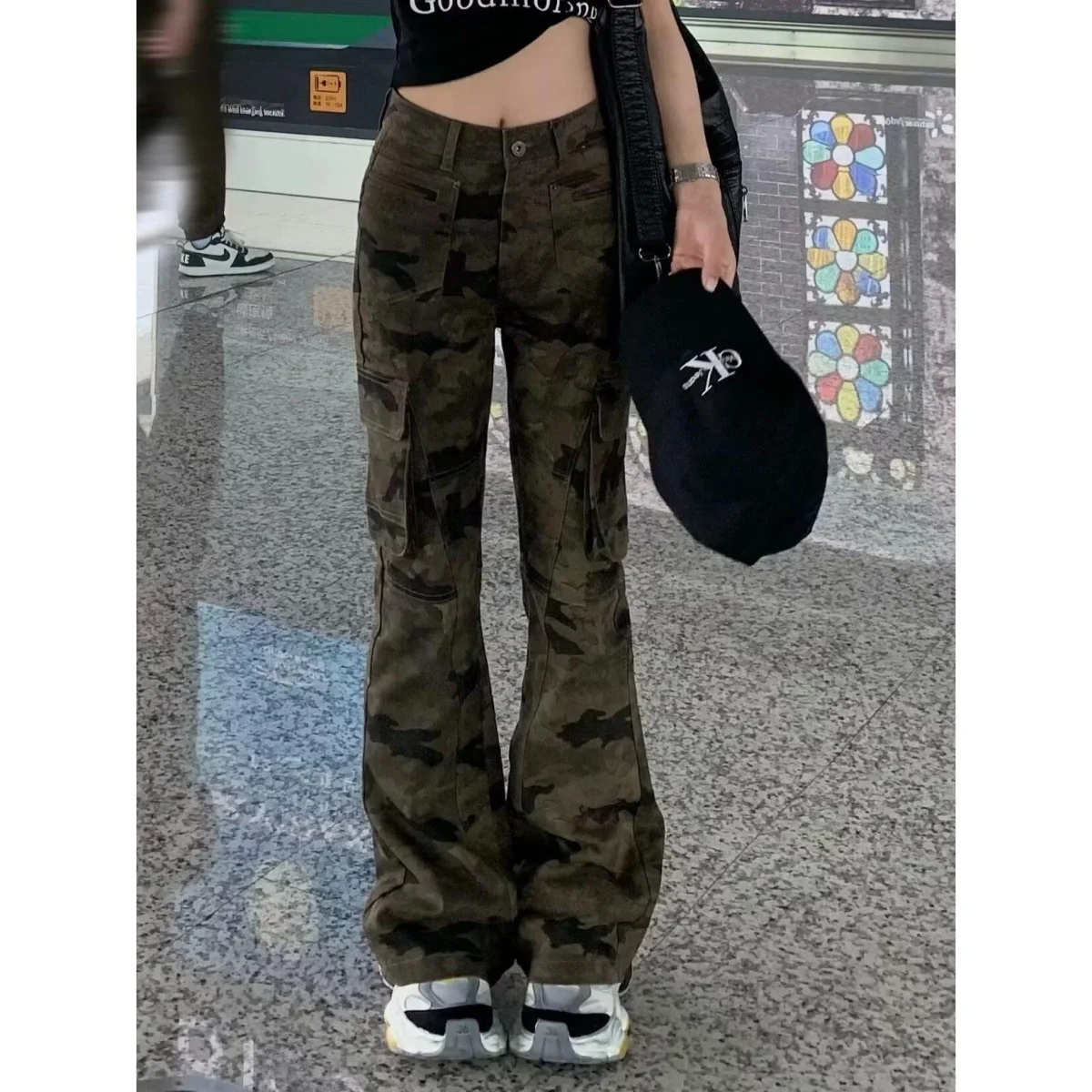 

Low Waist Slim Fit Camouflage Wide Leg Jeans Women's Autumn Thin Casual Long Pants High Street Sle Retro Flared Workwear Tr...