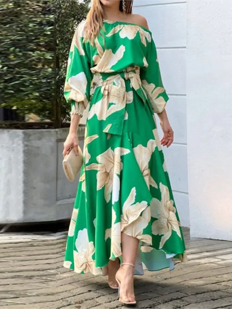

Elegant Floral Print Lantern Sleeves Off Shoulder Diagonal Collar Long Dress For Women's Autumn New Long Sleeved Irregular Dress