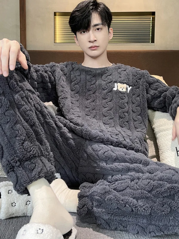 Thickened Coral Fleece Winter Sleepwear Set for Men Casual Long Sleeve Long Pants Home Clothes Warm And Comfortable Leisure S...