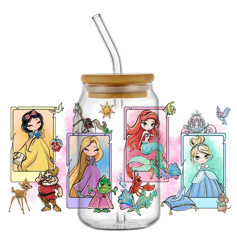 Miniso New Mixed Cartoon Princess Decal Elsa Stickers Waterproof UV DTF Cup Mug DIY 3D Wrap For 16oz Libbey Glass