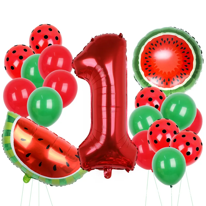 Leuchtend rotes Frucht-Wassermelonen-Zahlen-Set, 1-9. Geburtstags-Aluminiumfolie, rotes und schwarzes gepunktetes Latex-Ballon-Set, geeignet für Geburtstagsparty-Dekoration, Duschdekoration