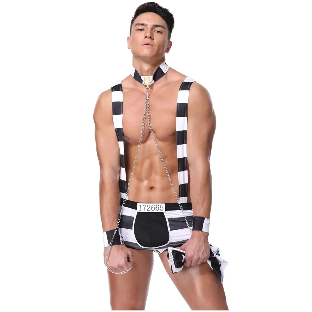 Masculino preto branco listrado cosplay prisioneiro traje casal role play uniformes eróticos lingerie conjunto halloween roupas adultas