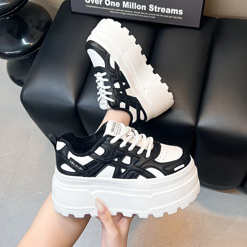 

Women's fleece-lined white sneakers Genuine Leather Versatile Height-Increasing Lightweight Trendy Platform Casual Sneakers