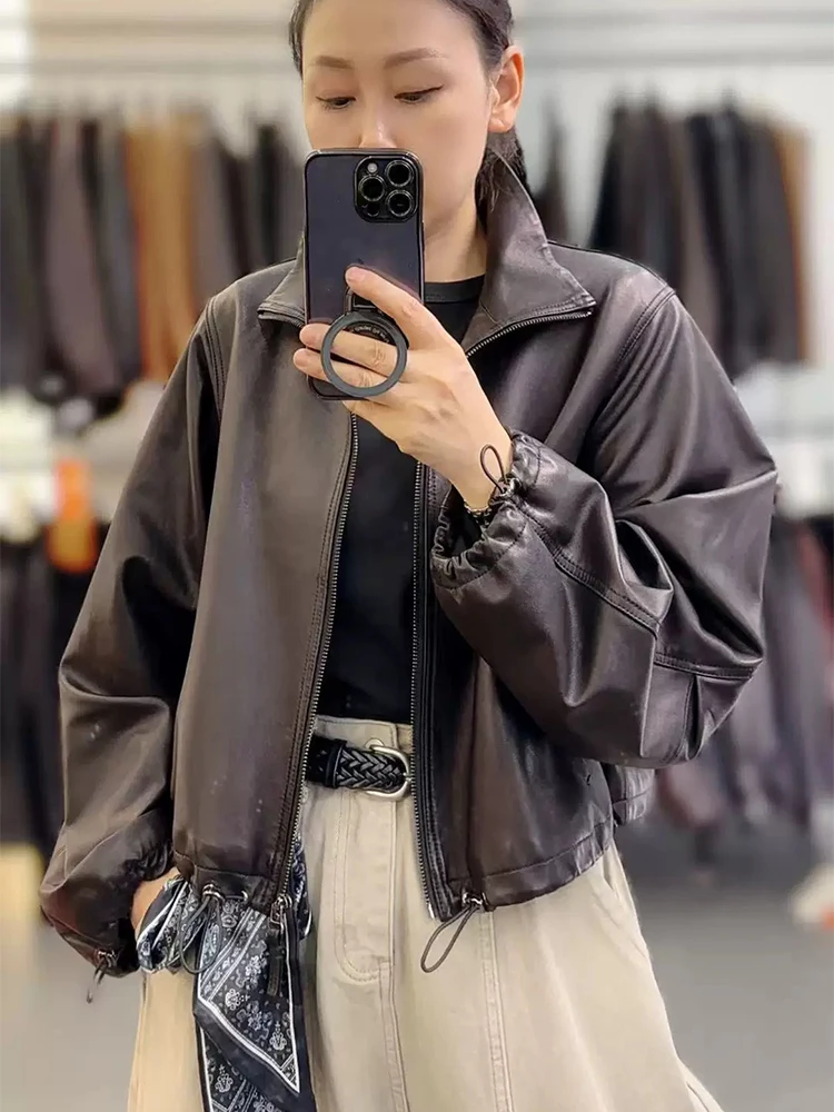 2025 여성용 가죽 양가죽 코트 여성용 스탠드업 칼라 숏 모터사이클 재킷 캐주얼 슬림 가죽 재킷