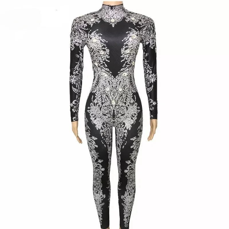 Sexy Silver Rhinestones black long sleeve Jumpsuit Women gold Performance Glass crystal Bodysuit nightclub pole Costume spandex