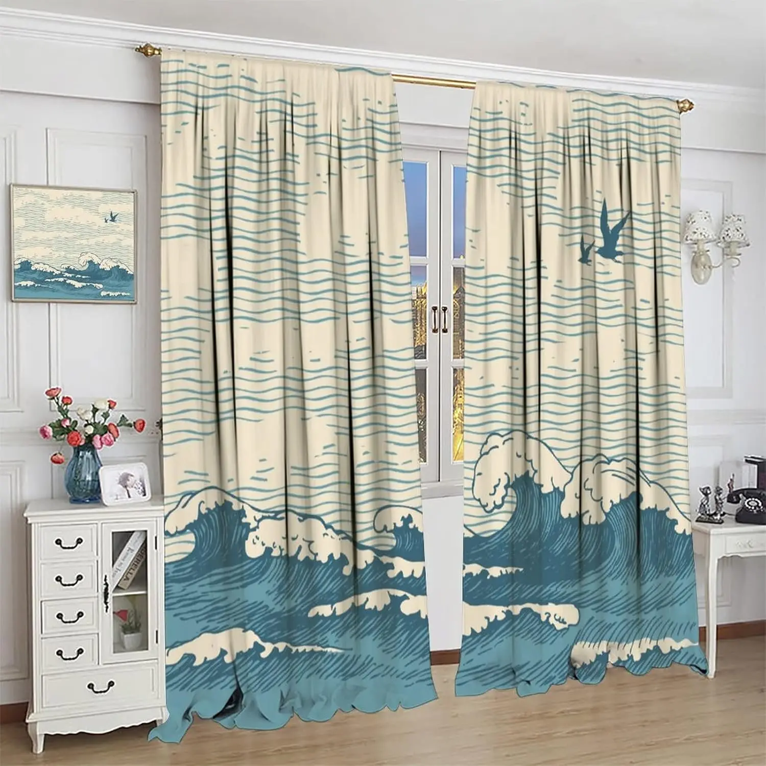 Seascape Curtains, Vintage Blue Seascape with Waves, Seagulls and Clouds in The Sky, Living Room Bedroom Blackout Window Drapes