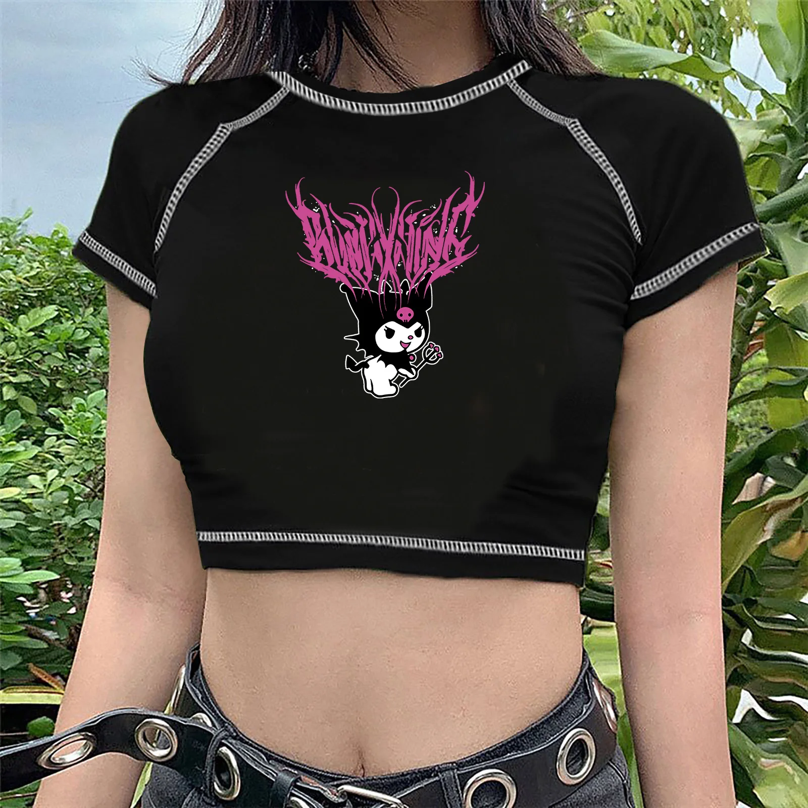 Sanrio Kuromi Cartoon Punk super Short T-shirt O Neck Pullover Women Crop Tops Sleeveless Shirt Clothing Women SML