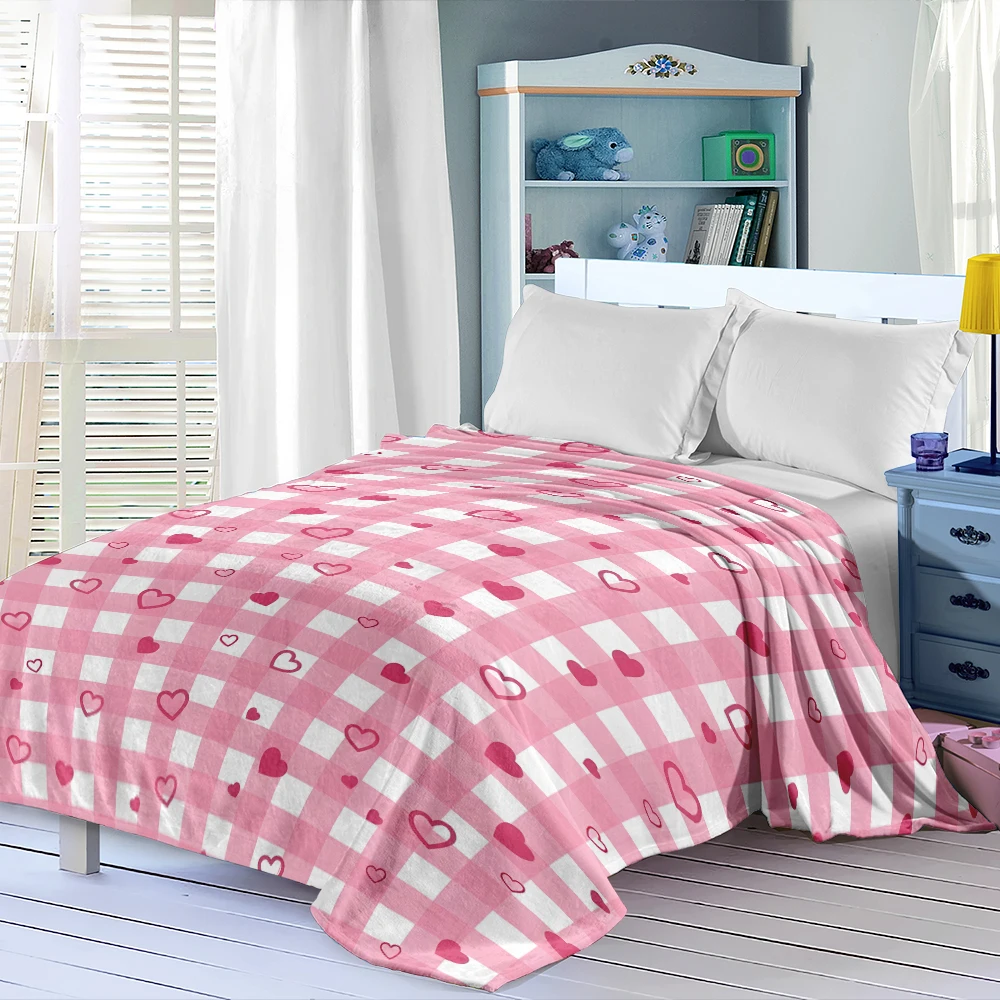 Pink Gingham Hearts Doodle Flannel Blanket Perfect For Sofa Office Bed Travel Sleep Read Relax Camping Four Season Use