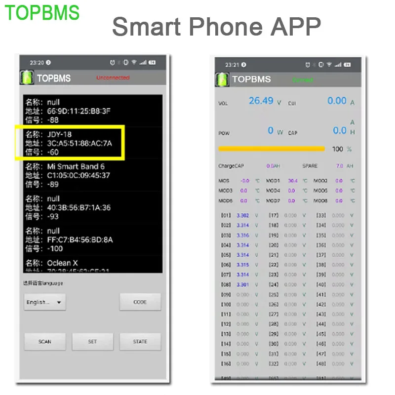 Imagem -04 - Topbms Li-ion Bms 3.7v 4s-96s 40s 52s 60s 220v 68s 250v 88s 320v Exibição Bluetooth Descarregamento Carregamento 200a 500a Energia Solar