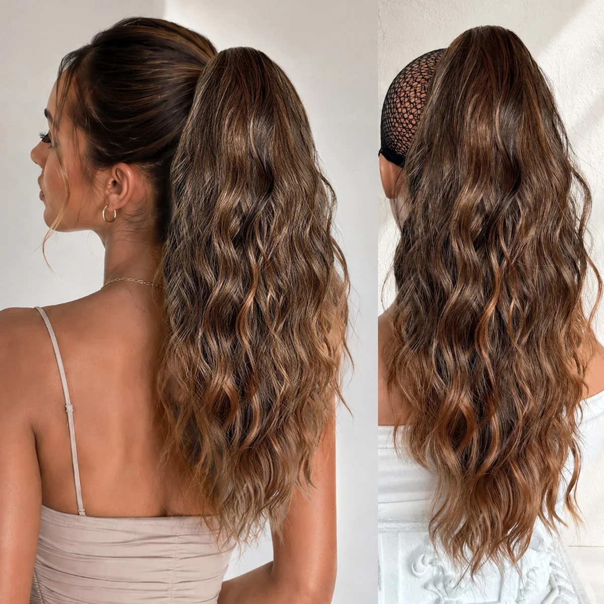 20 Inch Claw Clip Ponytail Extension for Women, Long Wavy Synthetic Hairpiece, Brown Highlight Wrap Around Ponytail, Natural Cur