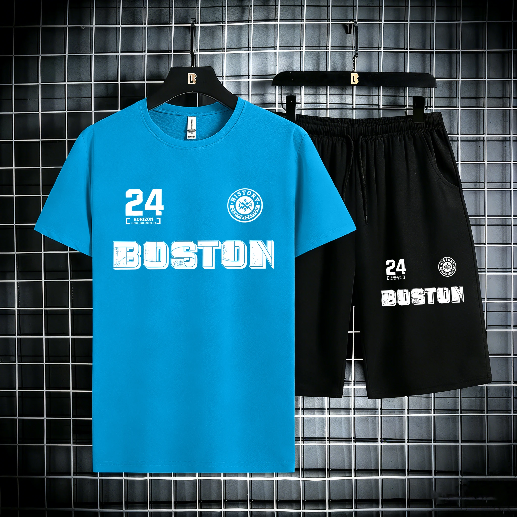 

Boston Number 24 Pattern Man'S Cotton Summer Soft Tees Set Drawstring Sport Pants Running New Short Sleeve Casual Short 2Pc Suit