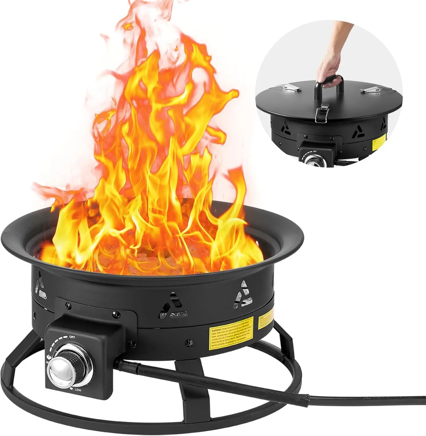 Outdoor Portable Gas Fire Pit, 19-Inch Diameter, Black, Adjustable Flame Height, 58,000 BTU, Comes with Cover & Lava Rocks