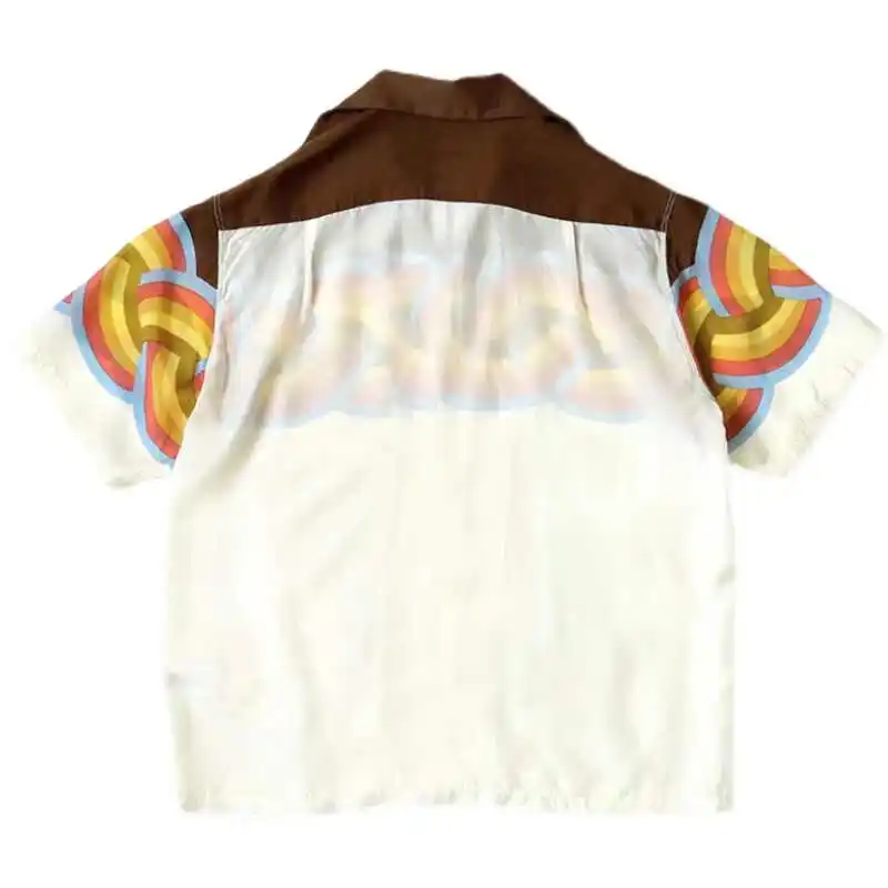 KAPITAL 22SS Japanese Loose Synthetic Silk Rainbow Wave Color Blocked Short Sleeved Shirt with Buttons Men New