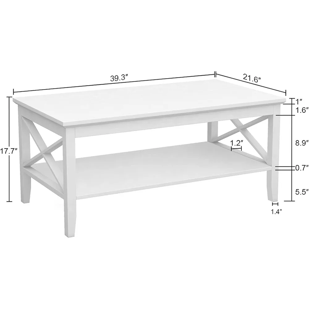 White Coffee Table Classic X Design for Living Room, Rectangular Modern Cocktail Table with Storage Shelf, 39 Inch