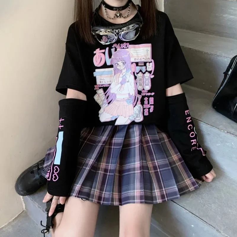 Japanese Streetwear E Girl Anime Tshirt Clothes With Arm Cover Graphic Top Harajuku Kawaii Summer Tops For Women 2022 T Shirt