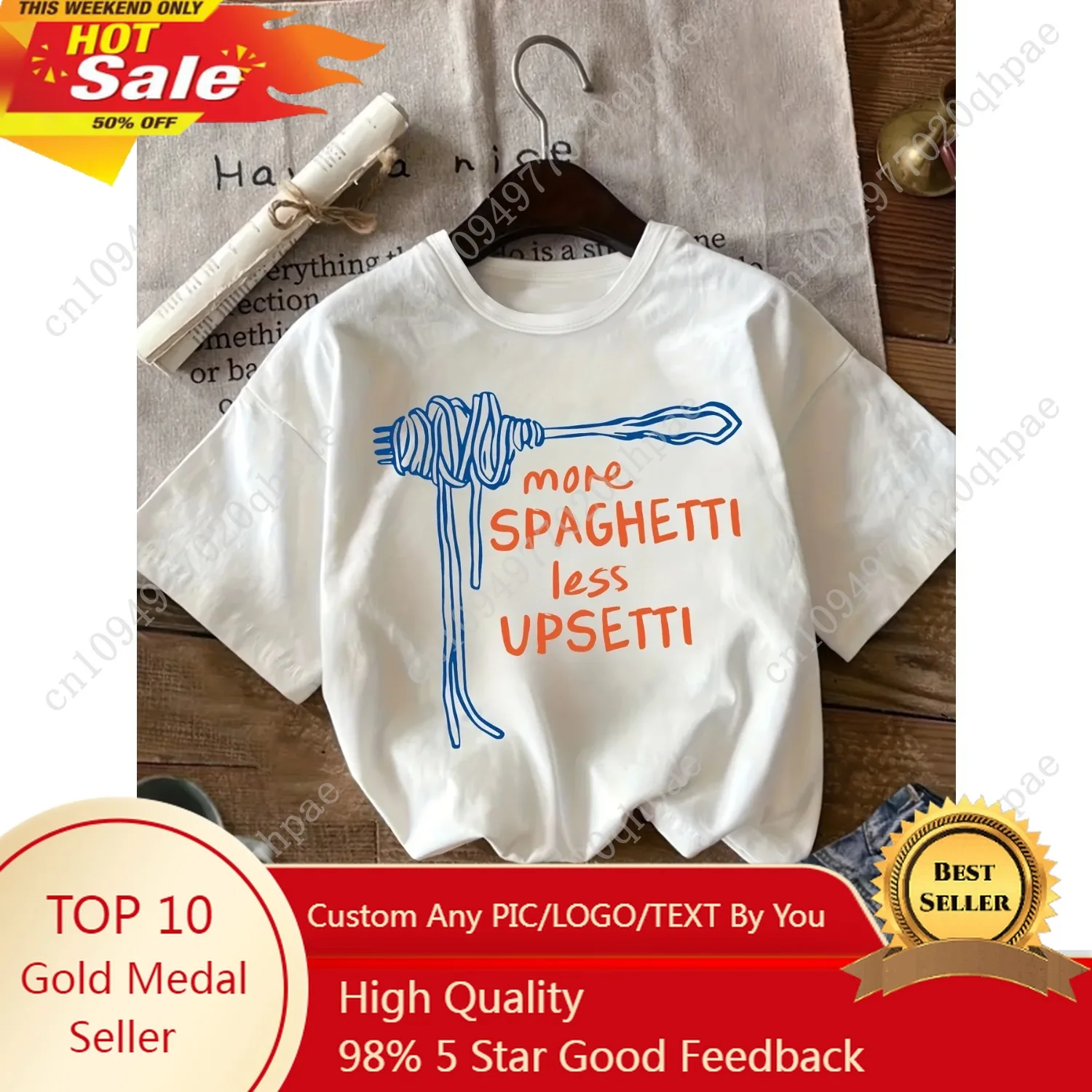 

Girls' Summer T-Shirt "More Spaghetti, Less Upset" Inspirational Quote with Spaghetti Design Casual Round Neck Short Sleeve Tee