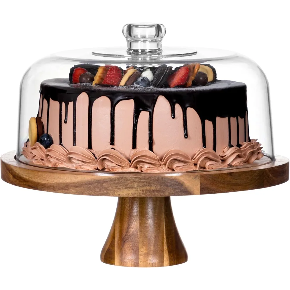 

HBlife Cake Stand with Lid Multifunctional Cake Stand with Acrylic Dome Acacia Wood 6-in-1 Cake Plate Display Stand with Cover