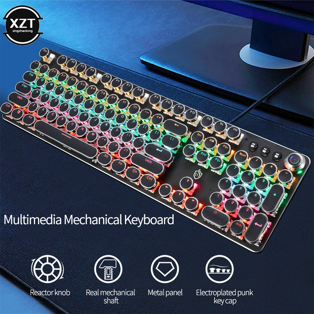 Round Key Game Mechanical Keyboard Retro Punk Knob Electroplating 104 Key Computer Keyboard Backlight USB Wired Laptop Keyboard