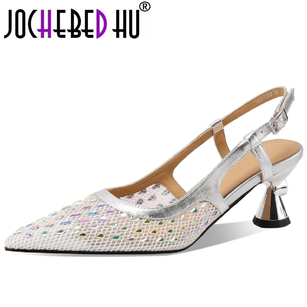 

【JOCHEBED HU】Women Handmade Genuine Leather Medium Heels Glitter Breathable mesh fabric Sandals Ladies Summer Party Shoe 34-40