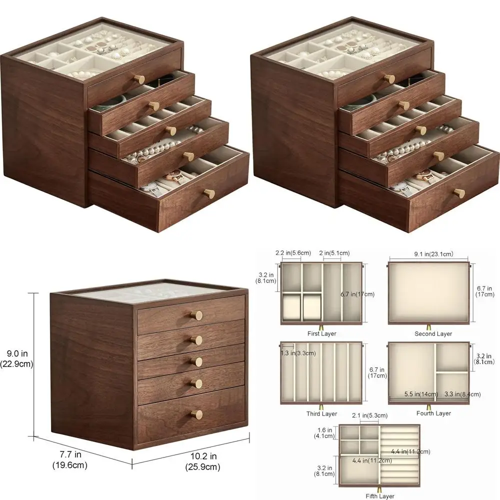 

Large 5-Layer Walnut Jewelry Box with Glass Lid for Women - Ideal Valentine's Day Gift for Watches, Bracelets, Rings, Earrings S