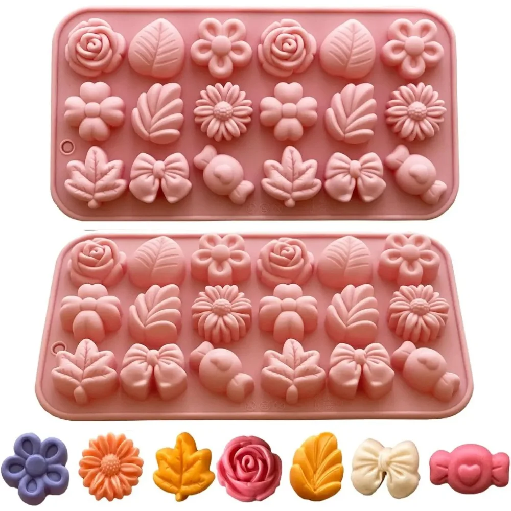 18Holes 3D Daisy Tulip Flower Silicone Mold-Bow Leaf Jelly Ice Pudding Soap Mold Fondant Chocolate Cake Decorations Baking Tool