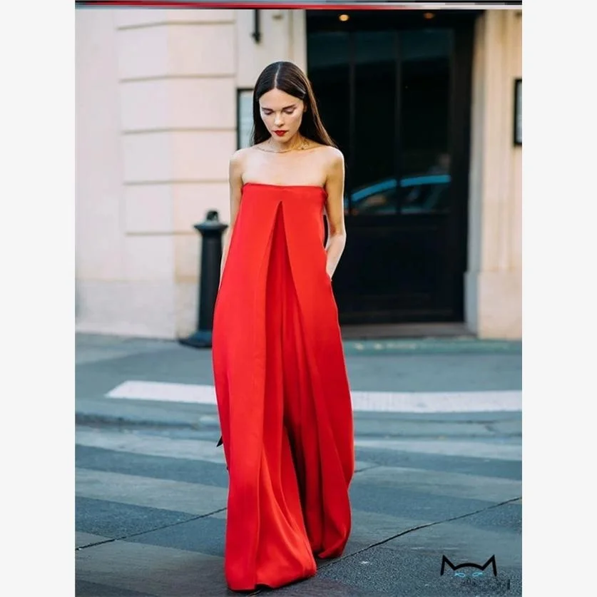 레드 하이웨이스트 점프수트 팬츠 여성용 패션 스트리트 슬레 원숄더 튜브 탑 바닥 길이 캐주얼 팬츠 여름 2020